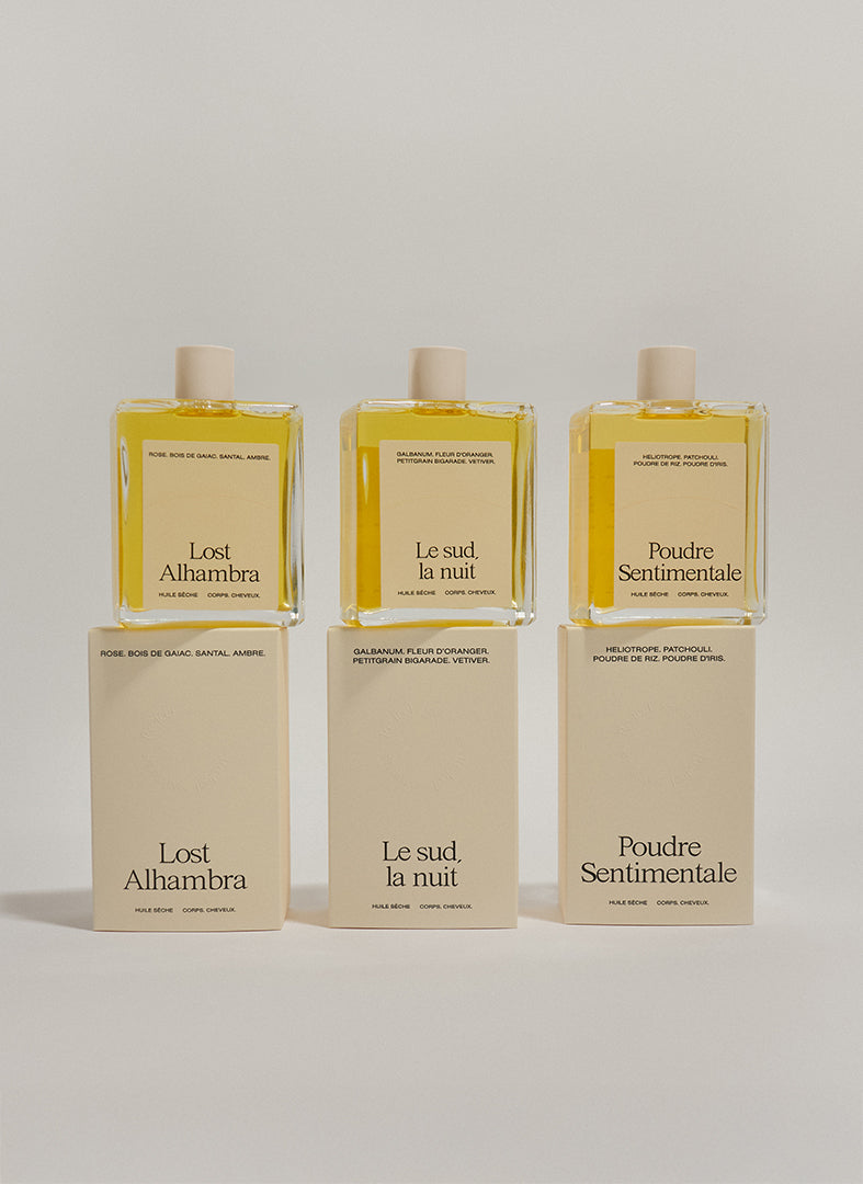 Trois huiles sèches parfumées Lost Alhambra, Le sud la nuit et Poudre Sentimentale de chez Refeel Naturals