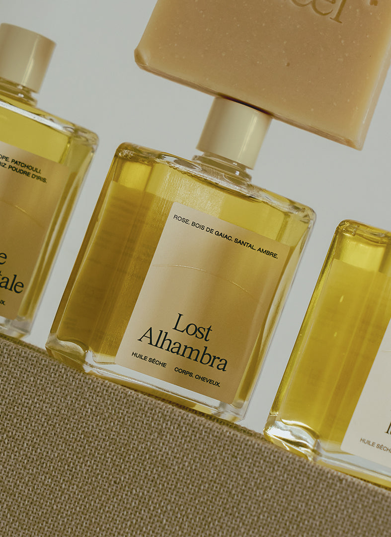 Trois huiles sèches parfumées Lost Alhambra, Le sud la nuit et Poudre Sentimentale de chez Refeel Naturals