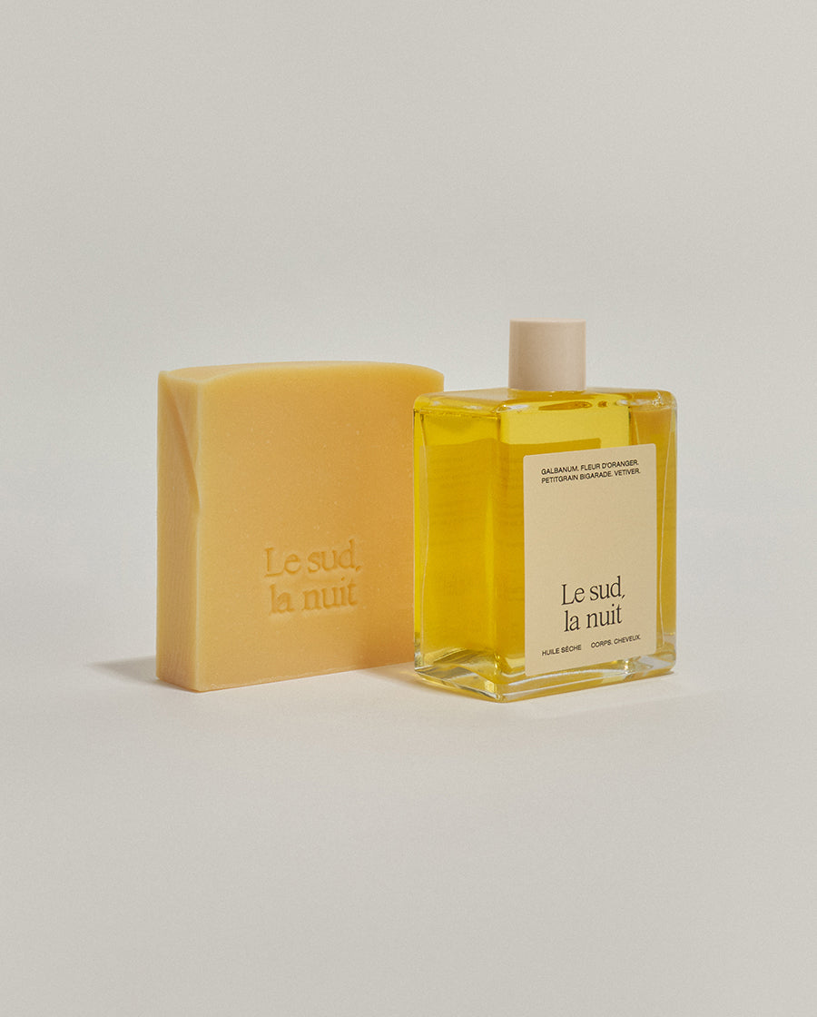 Duo Le sud la nuit de chez Refeel Naturals composé d'un savon crémeux et d'une huile sèche parfumée.