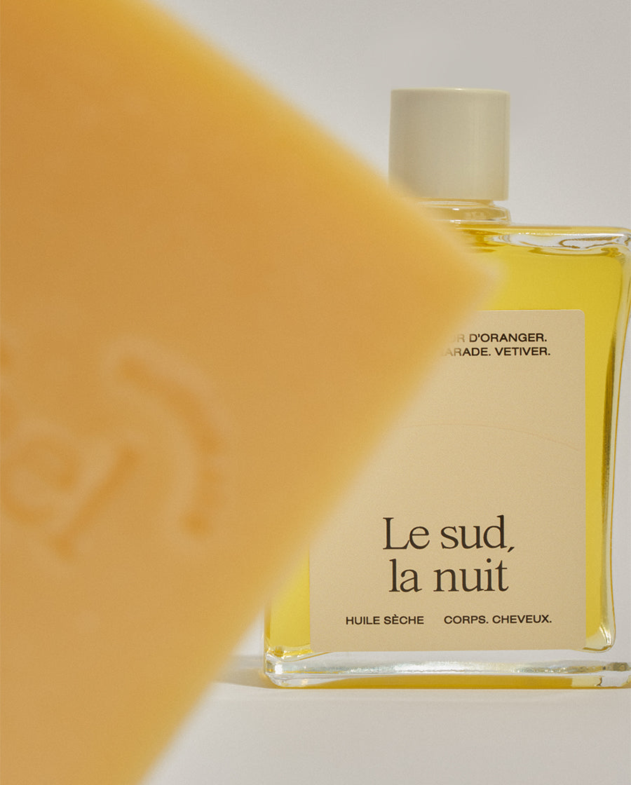 Duo Le sud la nuit de chez Refeel Naturals composé d'un savon crémeux et d'une huile sèche parfumée.