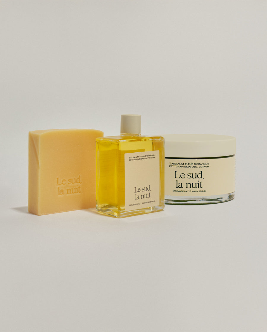 Rituel Le sud la nuit de chez Refeel Naturals composé d'un savon crémeux, une huile sèche parfumée et un gommage lacté parfumé